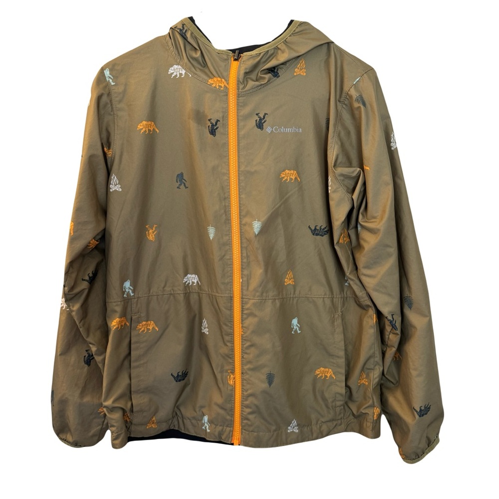 Columbia Reversible Yeti print rain jacket, youth L women S